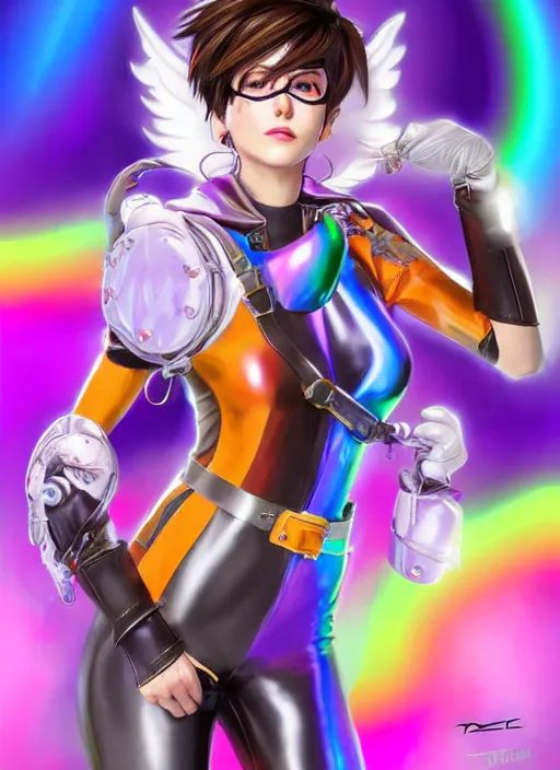 Prompt: portrait bust digital artwork of tracer overwatch, wearing iridescent rainbow latex and leather straps catsuit outfit, expressive happy face, makeup, in style of mark arian, angel wings, wearing detailed leather collar, chains, black leather harness, detailed face and eyes,