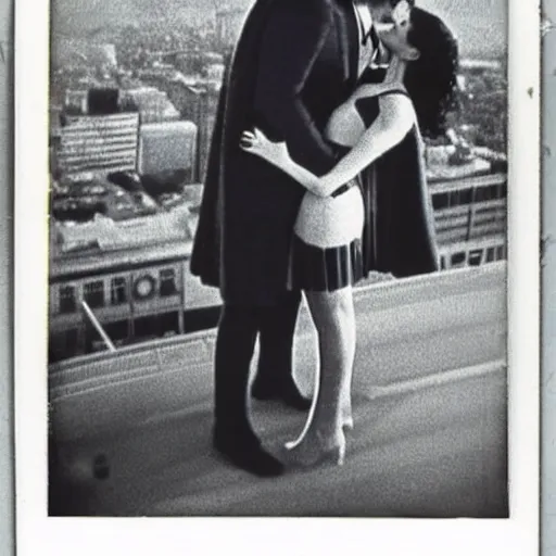 Image similar to a polaroid photo of superman kissing lois lane while flying over metropolis in 1978