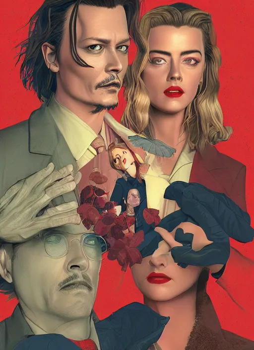 Prompt: Twin Peaks poster artwork by Michael Whelan and Tomer Hanuka, Rendering of portrait of Johnny Depp and Amber Heard solving mysteries together in scene from Twin Peaks, full of details, by Makoto Shinkai and thomas kinkade, Matte painting, trending on artstation and unreal engine