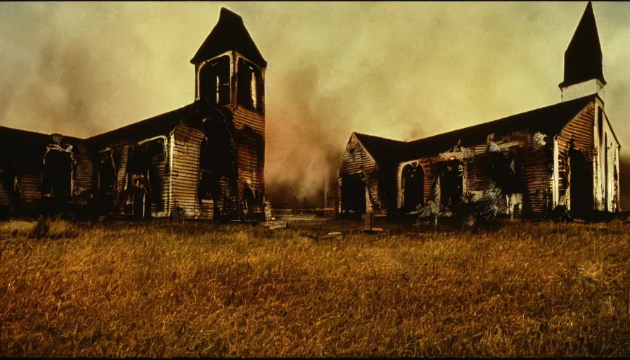 Image similar to 7 0 s film still from a horror movie about burning churches, kodachrome, cinecolor, cinestill, film grain, film texture, retro, cinematic, high resolution, photorealism,