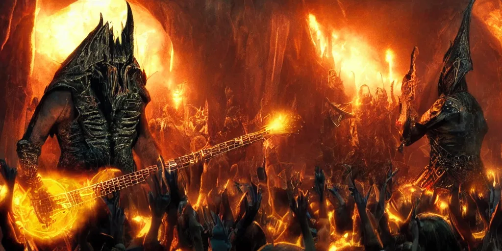 Image similar to Sauron playing rock guitar to a crowd of orcs in Mordor, epic, realistic, 8k resolution, detailed