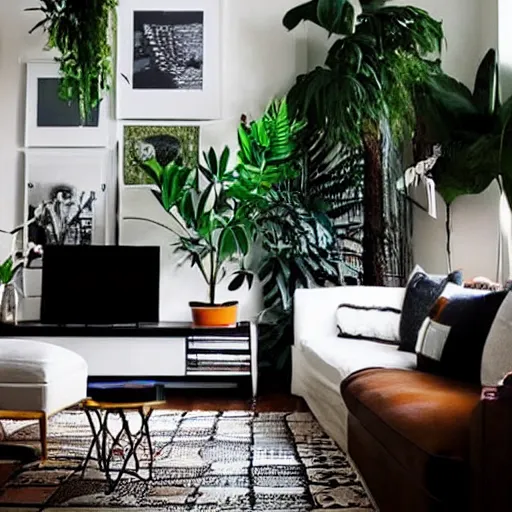 Image similar to living room interior design with style of japandi, ikea, warm wood, urban jungle plants, dark tile floor, art wall, music instruments, music records