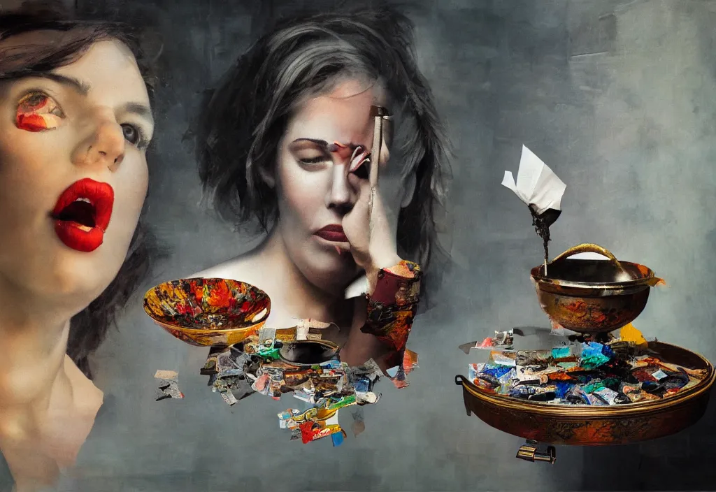 Prompt: oil painting, with an ashtray on top, collage, paper, girl faces, ultra detailed, high resolution, cinematic, unreal 6