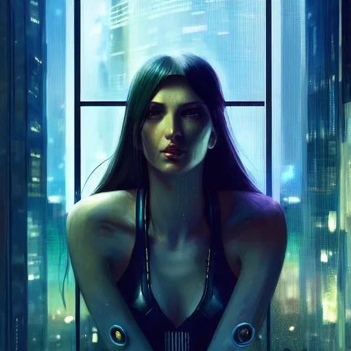 Image similar to portrait of cyberpunk woman looking out of a window, cyberpunk setting, futuristic, highly detailed, intricate lighting, digital painting, sharp focus, illustration, trending on artstation, art by karol bak.