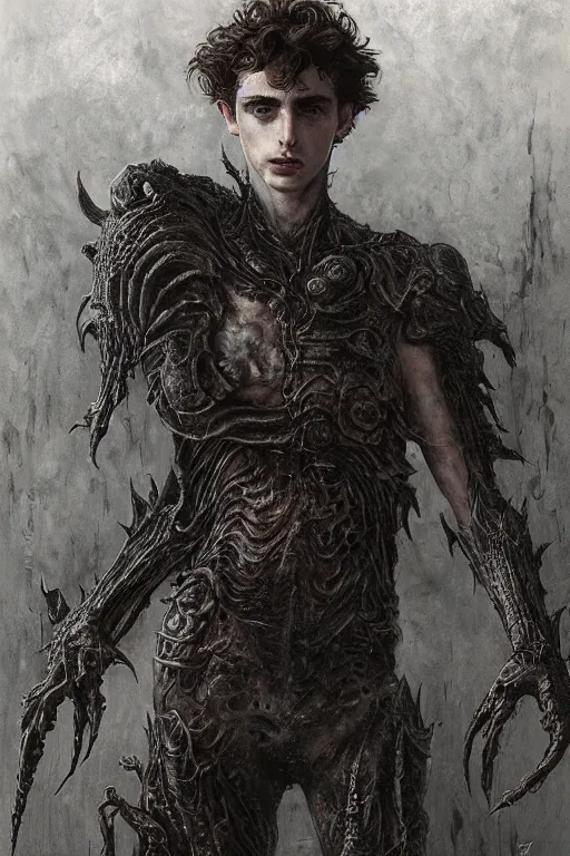 Image similar to portrait of timothee chalamet by hr giger, greg rutkowski, luis royo and wayne barlowe as a diablo, resident evil, dark souls, bloodborne monster