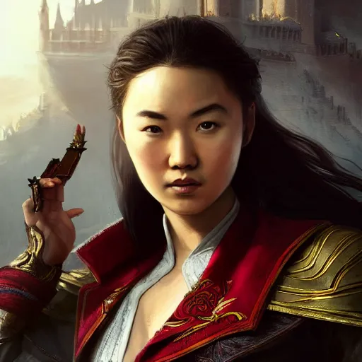 Prompt: Jessica Henwick as Shao Jun from Assassin's Creed, highly detailed, full body portrait, digital painting, artstation, concept art, sharp focus, illustration, cinematic lighting, art by artgerm and greg rutkowski and alphonse mucha