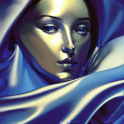 Prompt: a chrome woman's face in flowing sheets of cobalt blue gold chrome tpu silver satin, by moebius syd mead roger dean wojciech siudmak donato giancola yoshitaka amano ivan aivazovsky jan de heem pieter claesz paul delaroche alma tadema aelbert cuyp, hyperrealistic volumetric light render