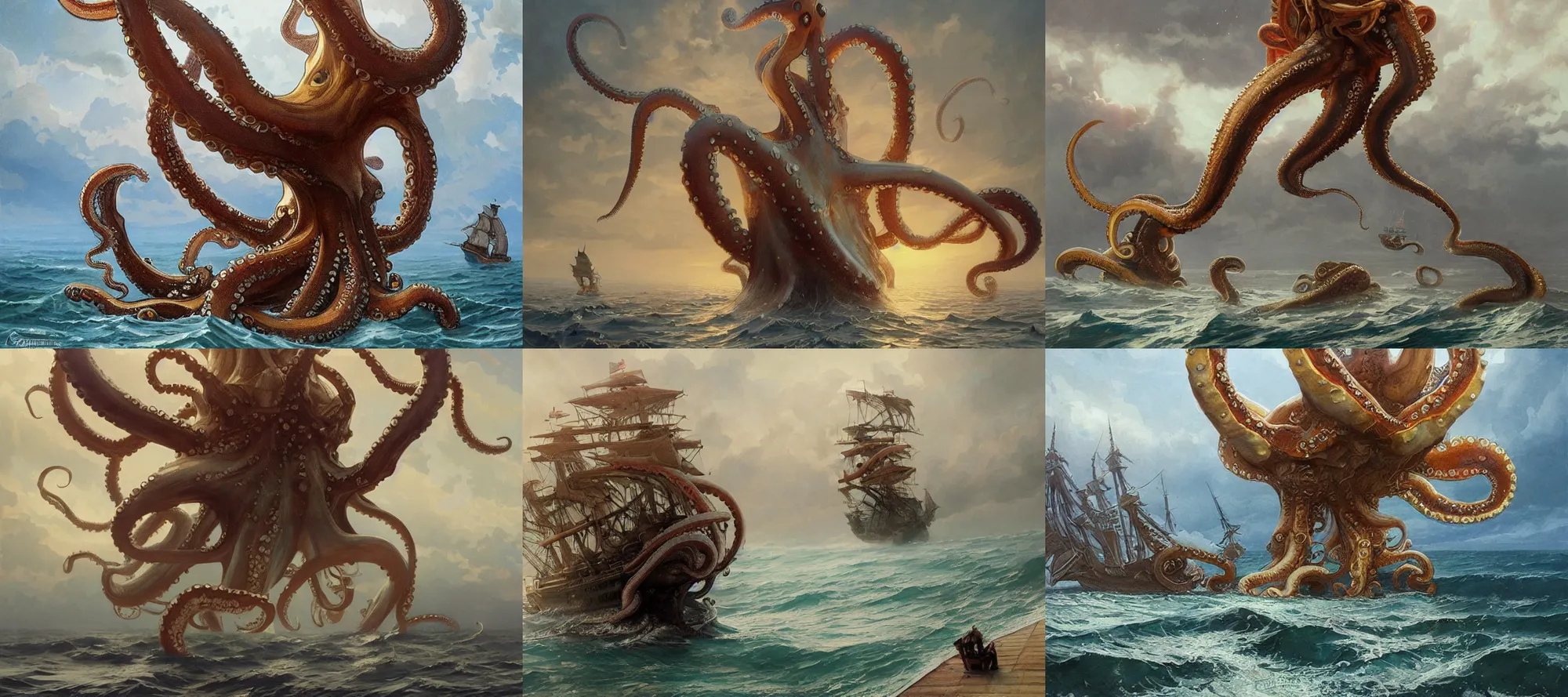 Prompt: giant octopus attacks galleon at sea, elegant, highly detailed, digital painting, artstation, concept art, smooth, sharp focus, illustration, art by artgerm and greg rutkowski and alphonse mucha