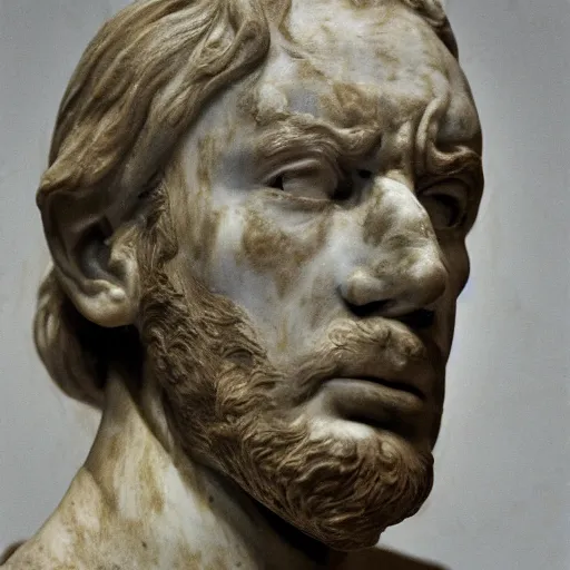 Image similar to ” marble bust of a man in despair, [ facial expression, emotion, face, photoreal, ultra detail, intricate, masterpiece, dslr, museum ] ”