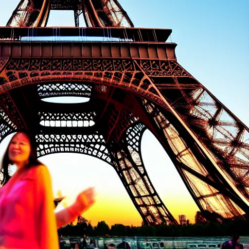 Prompt: eiffel tower at sunset with chinese tourists everywhere, chinese advertising on eiffel tower- comic book style