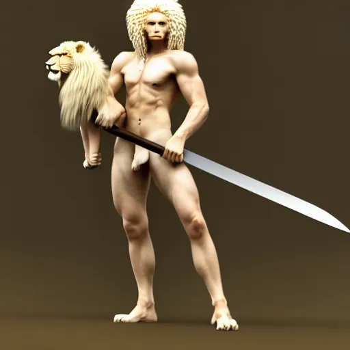 Image similar to commission of a fit male anthro albino lion holding a sword, science fiction industrial hard science concept art, 8K render octane high definition cgsociety