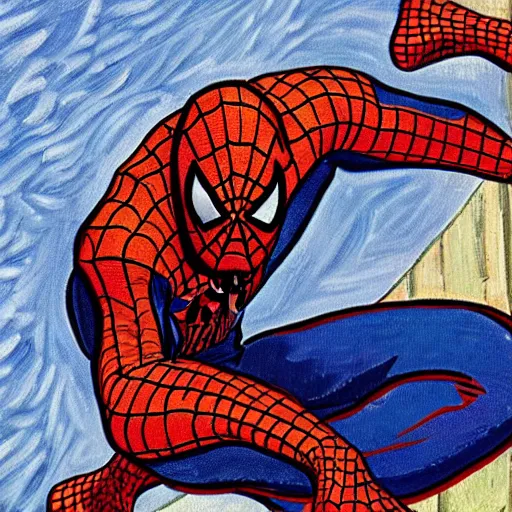 Image similar to a van gogh style painting of spiderman, 4 k, award winning, highly intricate