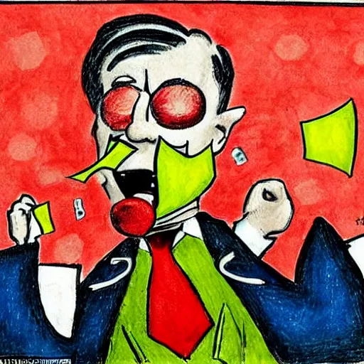 Prompt: A colorful expressionist drawing of a crazy banker with a red nose throwing money in the air in the Victorian Age