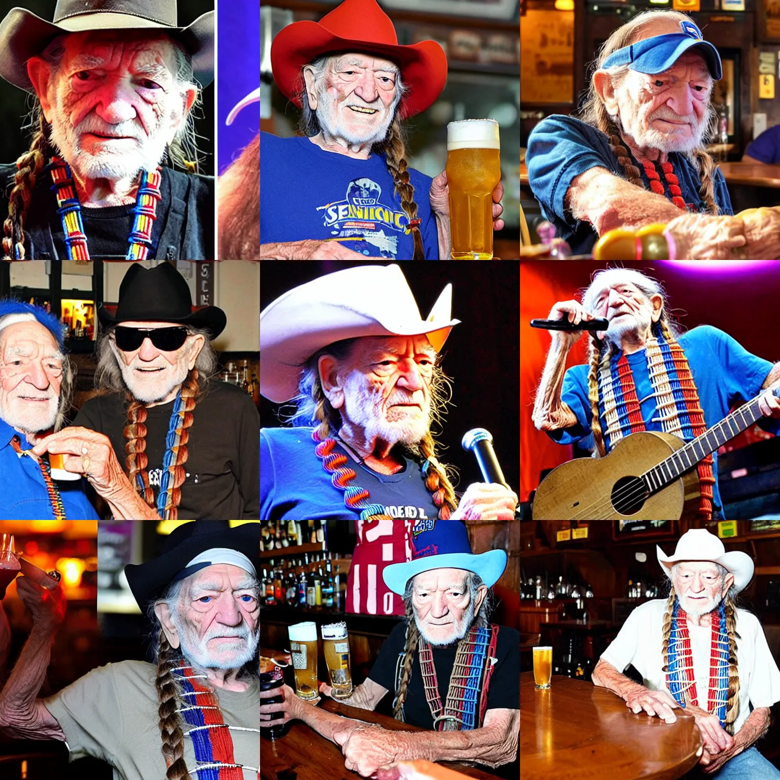 Prompt: willie nelson has a drink at a pub with sonic the hedgehog