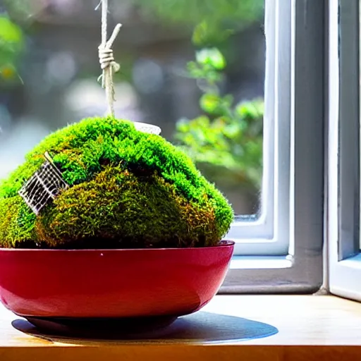 Prompt: a small kokedama on a plate in a kitchen next to a window, a small red momiji bonsai is growing from the top of the kokedama, beautiful lighting, cinematic, high detail,