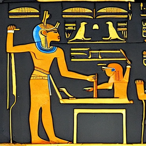 Prompt: ancient egyptian art of set working on a computer