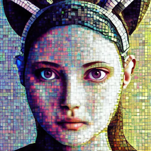 Image similar to mosaic portrait of a beautiful cute girl with robot ears by Saimir Strati, 4k, intricate details, digital, Serial Experiments Lain