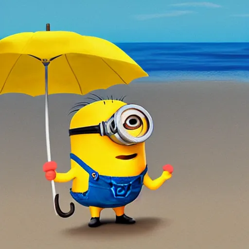 Image similar to an epic painting minion holding umbrella at the beach with silly face, pencil drawing, perfect composition, golden ratio, beautiful detailed, photorealistic, digital painting, concept art, smooth, sharp focus, illustration, artstation trending, octane render, unreal engine