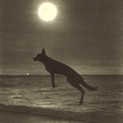 Image similar to an early 1 9 0 0 s photograph of a luminescent black dog levitating high over the beach, magical orbs, moonlight, nighttime