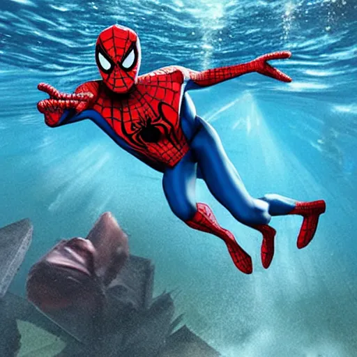 Prompt: spiderman saving a drowning person, underwater