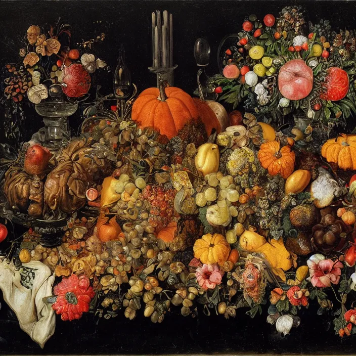 Image similar to victorian thanksgiving feast, flowers and fruits in a garden at night, black background, vanitas, a still life by giuseppe arcimboldo, a flemish baroque by jan van kessel the younger, intricate high detail masterpiece