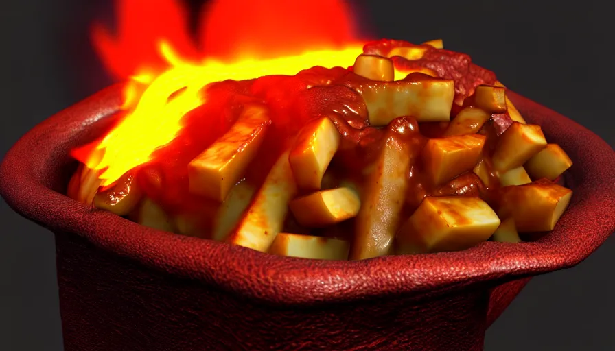 Image similar to poutine ( the canadian meal ) from mount doom, volcano texture, lava texture, fire texture, 8 k, octande render, unreal engine 5, surface blemishes, hdr