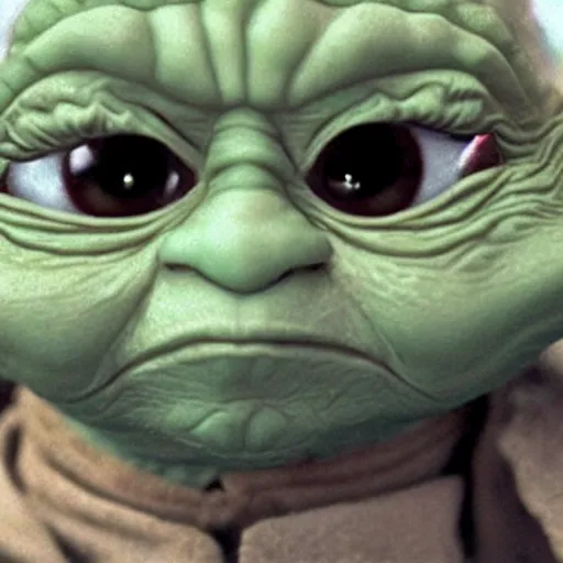 Image similar to extremely zoomed-in photo of Yoda looking surprised