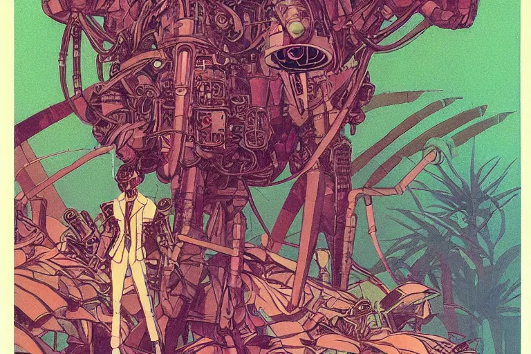 Image similar to gigantic man head, a lot of exotic vegetation around, trees, tremendous mecha robot, flowers, risograph!, oldschool vintage sci - fi flat surreal design, super - detailed, painting by moebius and jodorowski