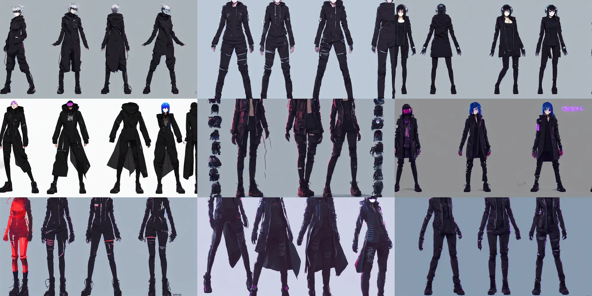 Prompt: full body outfit, oversized cyberpunk jacket, color cyberpunk futuristic female character clean concepts by senior concept artist in the anime film, tech wear, streetwear, featured on artstation