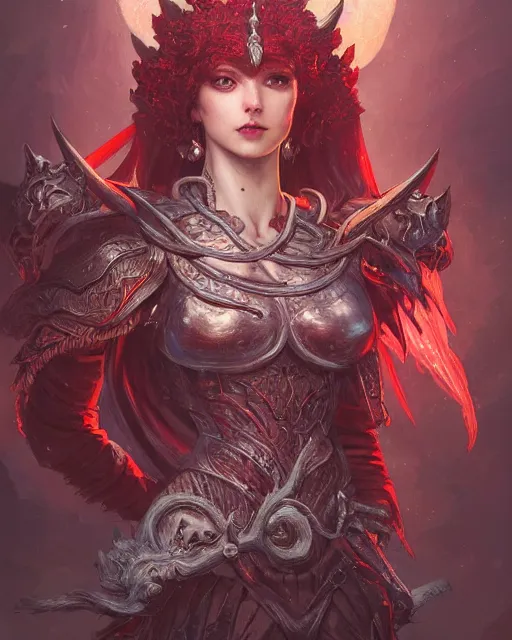 Image similar to Portrait of a Fantasy crimson knight, moonlit, HD, illustration, epic, D&D, fantasy, intricate, elegant, highly detailed, digital painting, artstation, concept art, smooth, sharp focus, illustration, art by artgerm and greg rutkowski and alphonse mucha, monster hunter illustrations art book