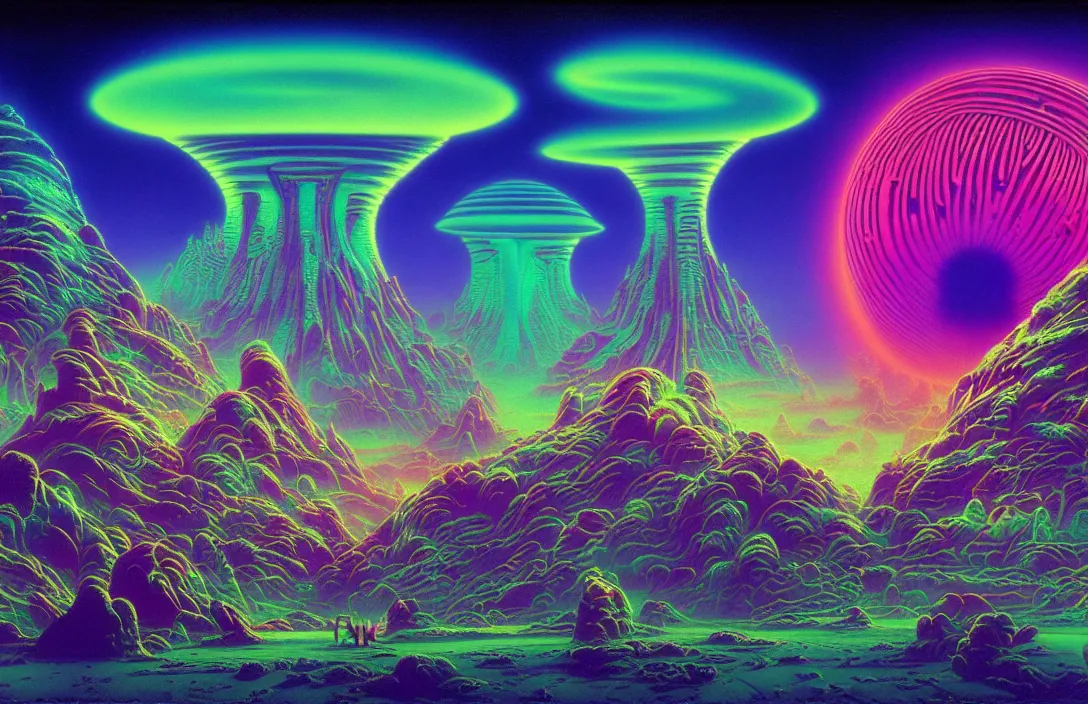 Image similar to cosmic sci - fi alien temple, infinite psychedelic waves, synthwave, bright neon colors, highly detailed, cinematic, panoramic, tim white, michael whelan, roger dean, bob eggleton, lisa frank, vladimir kush, kubrick, james gurney, giger