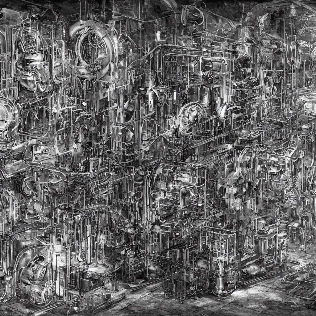 Prompt: abandoned laboratory from 1 9 3 0 s - early xx century - first - generation vacuum - tube computers - enia c - colossus - enigma machines - inside u - boat - metal pipes - obsolete technology - high resolution - 4 k - dark atmosphere - high contrast - retro futuristic - detailed artwork - art by hans giger
