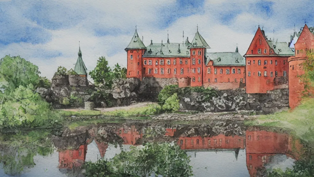 Prompt: orebro castle aquarelle painting