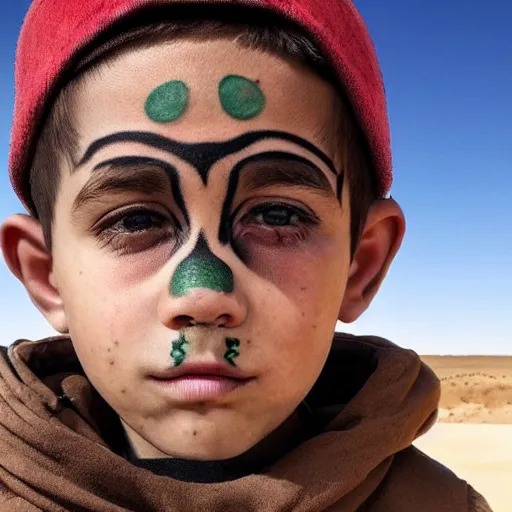 Image similar to a detailed portrait of a boy with a face tattoo in the desert, art illustration, incredibly highly detailed and realistic, 8 k, sharp focus