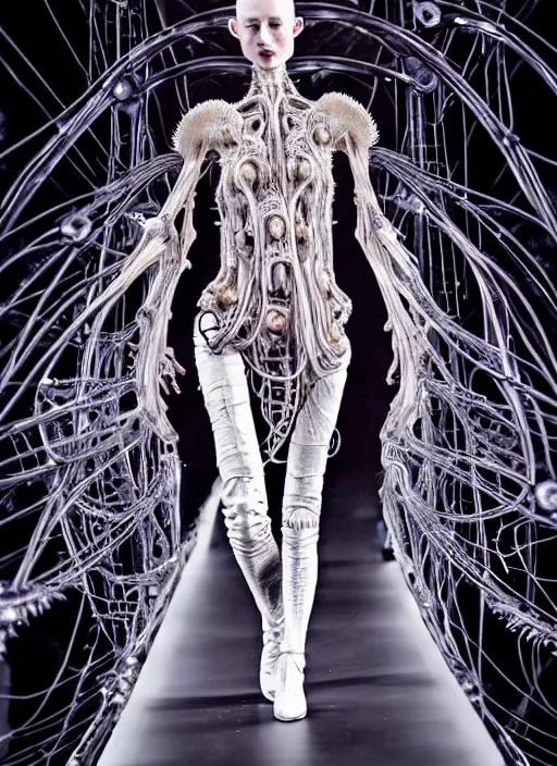 Image similar to walking down the catwalk, stage, vogue photo, podium, fashion show photo, historical baroque dress dark, iris van herpen, beautiful woman, masterpiece, intricate, biopunk, vogue, full body shot, alien, plant predator, guyver, giger, wires, tubes, veins, jellyfish, white biomechanical details, wearing epic bionic cyborg implants, highly detailed