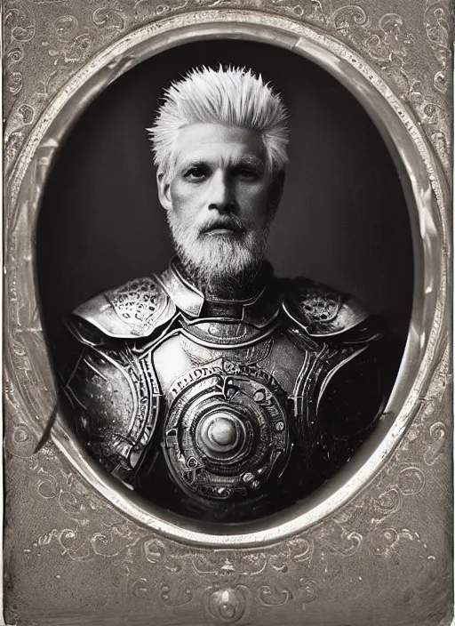 Image similar to old wetplate daguerreotype frame portrait of a futuristic silver armored king arthur with white hair and beard emperor district 9 cyborg, fractal, intricate, elegant, highly detailed, subsurface scattering, by jheronimus bosch and greg rutkowski and louis jacques mande daguerre