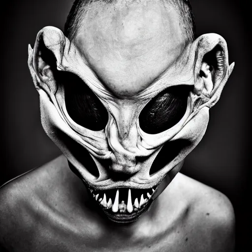 Image similar to artistic photoshoot of a mothan hybrid, grotesque, body horror, mutant shaming, creepy, terrifying, 8 k hdr 8 0 mm wide angle portrait, high contrast black and white, insectoid n