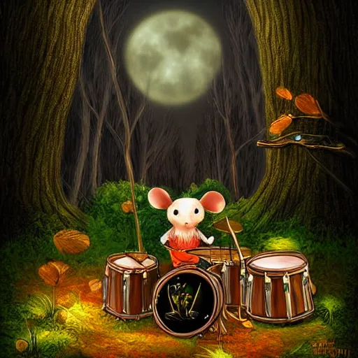 Image similar to mouse playing drums, fantasy forrest background, moonlight, digital art, detailed, medium shoot