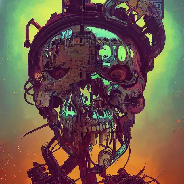 Image similar to a beautiful portrait painting of a ( ( cyberpunk ) ) skull by simon stalenhag and pascal blanche! and alphonse mucha! and nekro. in style of digital art. colorful comic, film noir, symmetry, hyper detailed. octane render. trending on artstation