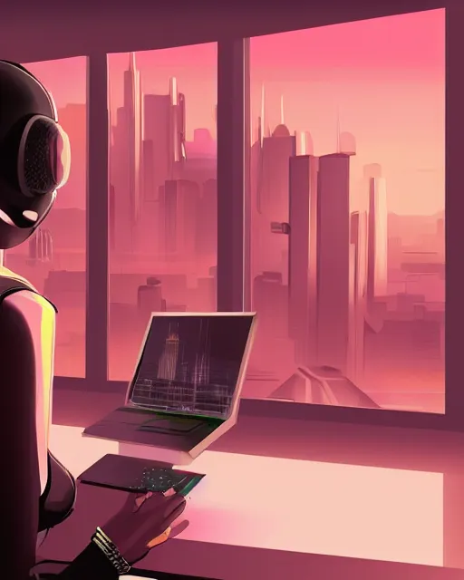 Prompt: digital painting of a cyberpunk female digital artist creating art on computer and there are windows with cyberpunk city skyline in the room, sunrise,