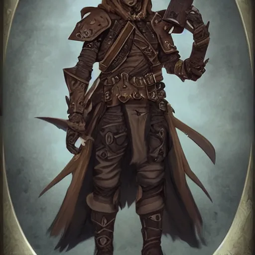 Image similar to DND concept character tan mercenary rogue, with long black hair, leather armor, possessed by a demon, holding a flask, grimoire neck chain