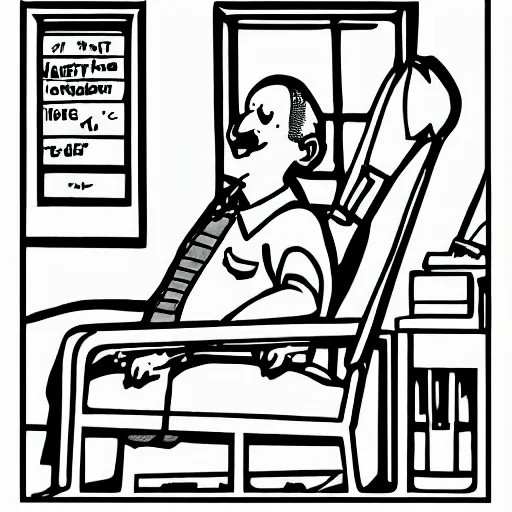 Prompt: werner herzog sits in the waiting area at the dmv holding bolt cutters. childrens coloring book, chris ware, nick drnaso, stylised graphic novel, black and white, coloring pages