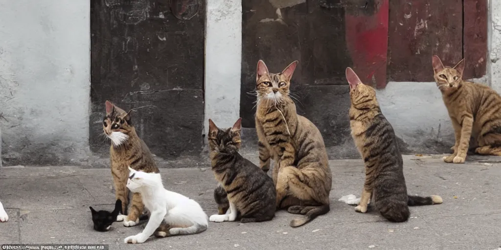 Prompt: photo evidence of a very serious joke being told by a single street cat to an opposing gang of street dogs