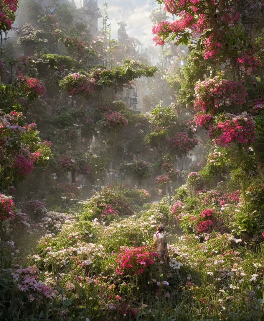 Image similar to Hyperrealistic Secret flower garden, fantasy, highly detailed, digital painting, trending artstation, concept art, illustration, art by Greg Rutkowski, octane render