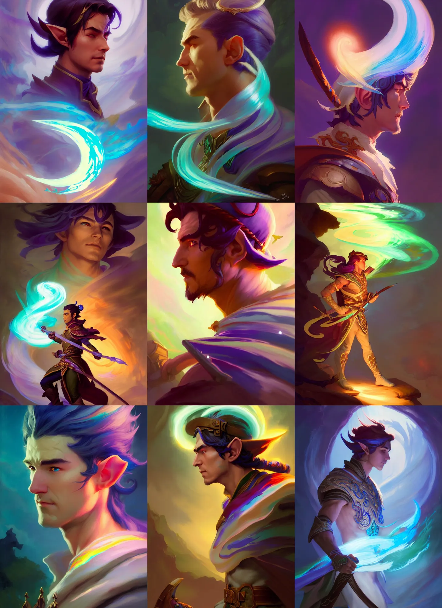 Prompt: side profile, male elf ranger, gloomhaven, luminescent, colorful swirly magic ripples, dreamy colors, by greg manchess, huang guangjian, gil elvgren, sachin teng, greg rutkowski, jesper ejsing, ilya kuvshinov