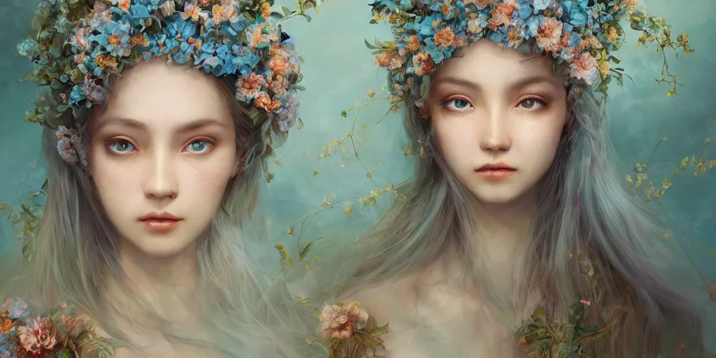 Image similar to breathtaking detailed concept art painting portrait of the hugs goddess of light blue flowers, carroty hair, orthodox saint, with anxious piercing eyes, ornate background, amalgamation of leaves and flowers, by hsiao - ron cheng, extremely moody lighting, 8 k