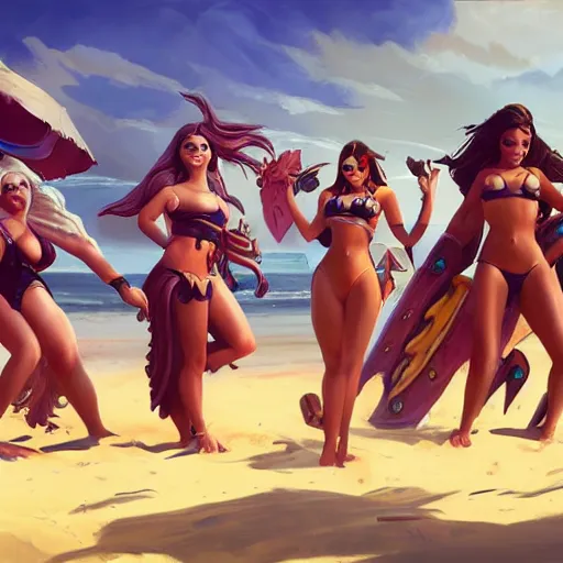 Image similar to bikini girls on the beach, artstation, orthographic, hd, 8 k, sharp high quality artwork in style of greg rutkowski, concept art, blizzard warcraft artwork, hearthstone card artwork