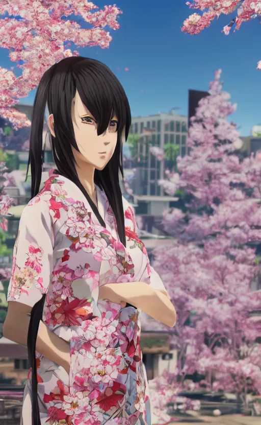 Image similar to anime style, gta 5, panoramic centered view of girl in middle, yukata clothing, sakura tree in background, short hair, hair down, symmetrical facial features, from arknights, hyper realistic, extreme detail, volumetric lights, 4 k drawing, safebooru, realistic lighting, by alphonse mucha, greg rutkowski, sharp focus, backlit