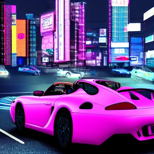 Image similar to vaporwave tokyo yakuza in suit driving in porche sports car driving at night city in background