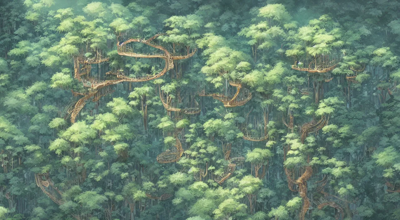 Image similar to aerial view of treetop canopy, intricate, detailed, by studio ghibli and greg rutkowski,